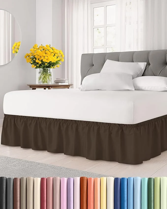 Efficient Wrap Around Dust Ruffle Bed Skirt – Brown – for Queen Size Beds with 12 Inch Drop – Easy Fit Elastic Strap – Adjustable Pleated Bedskirt w Brushed Fabric – Wrinkle – for Women Men Kids amp Teens Smooth