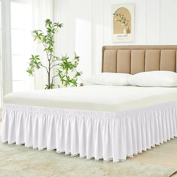 Contemporary Biscaynebay Wrap Around Bed Skirts with Pompom for King Beds 15 quot Drop White Adjustable Elastic Dust Ruffles Easy Fit Wrinkle amp Fade Resistant Silky Luxurious Fabric Machine Washable Certified