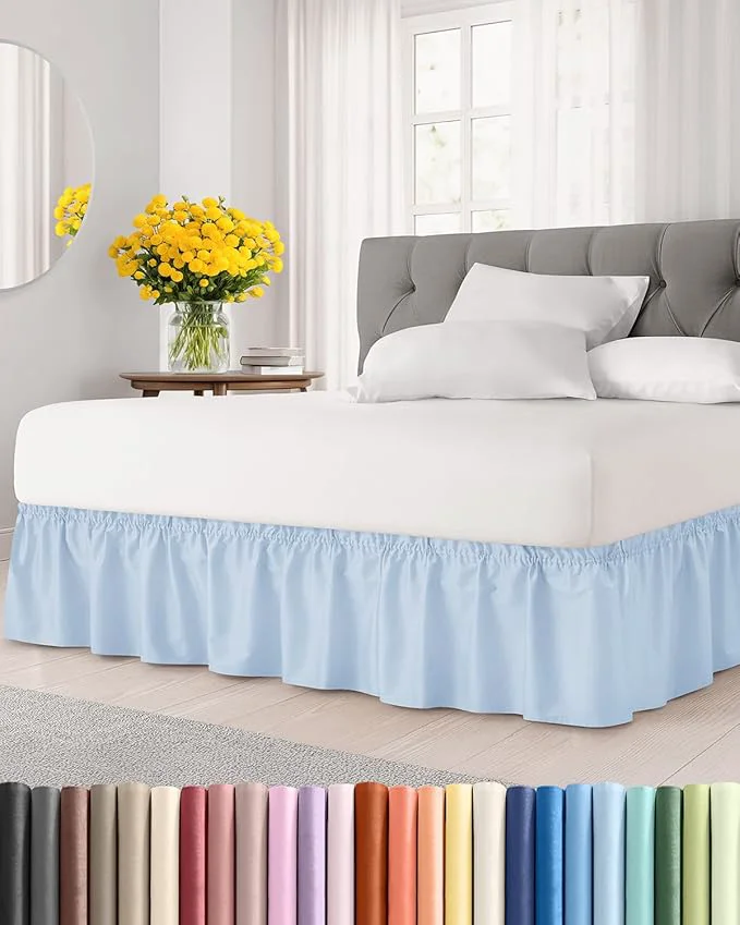 Clean Wrap Around Dust Ruffle Bed Skirt – Sky Blue – for King Size Beds w 15 Inch Drop – Easy Fit Elastic Strap – Adjustable Pleated Bedskirt w Brushed Fabric – Wrinkle Women Men Kids amp Teens Top-Quality