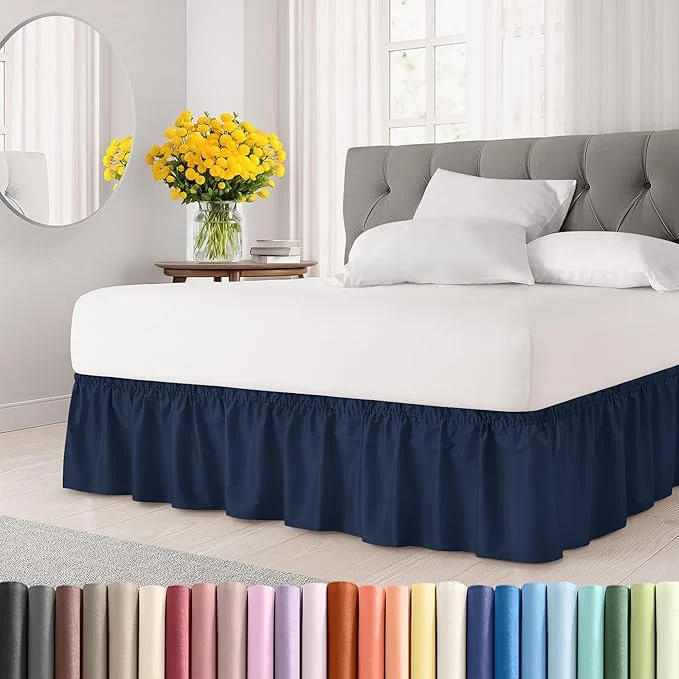 Authentic Wrap Around Dust Ruffle Bed Skirt – Navy Blue – for Queen Size Beds with 21 Inch Drop – Elastic Strap – Adjustable Pleated Bedskirt with Brushed Fabric and Wrinkle – for Women Men Kids amp Teens Modern