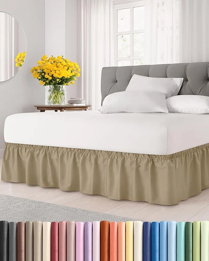 Stylish Wrap Around Dust Ruffle Bed Skirt – Beige – for Queen Size Beds with 12 Inch Drop – Easy Fit Elastic Strap – Adjustable Pleated Bedskirt w Brushed Fabric – Wrinkle – for Women Men Kids amp Teens Durable