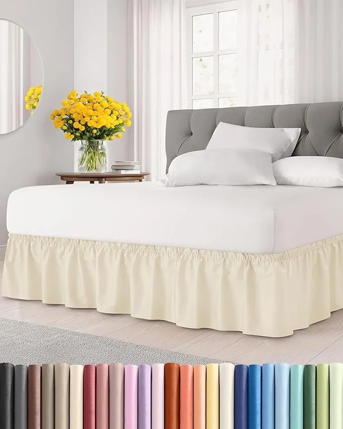 Practical Wrap Around Dust Ruffle Bed Skirt – Off White – for King Size Beds w 12 Inch Drop – Easy Fit Elastic Strap – Adjustable Pleated Bedskirt w Brushed Fabric – Wrinkle – Women Men Kids amp Teens Dependable
