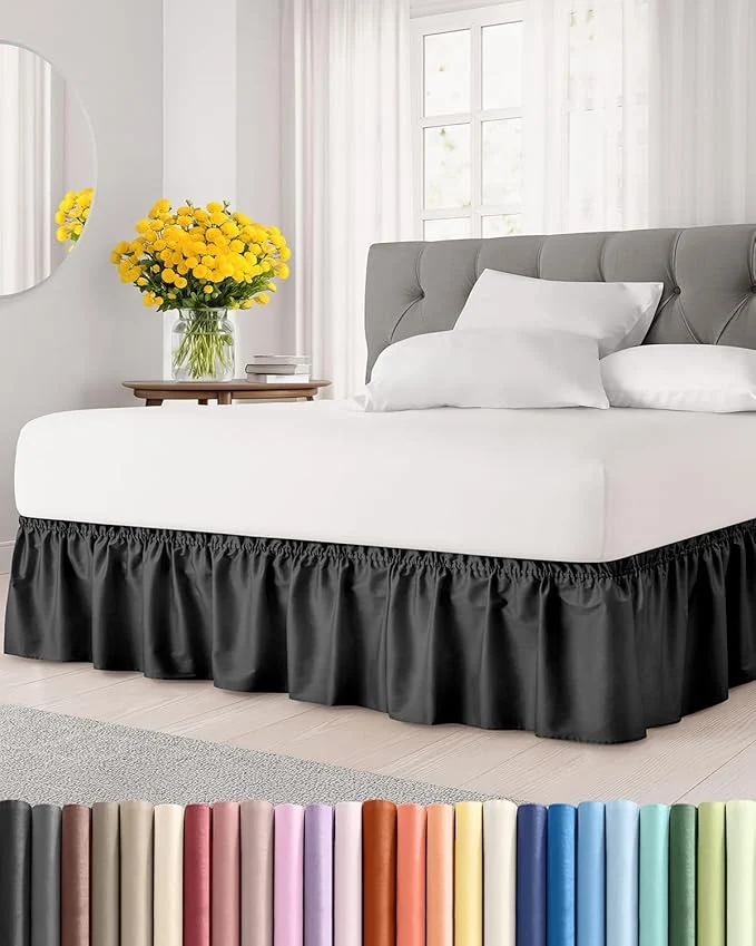 Official Wrap Around Dust Ruffle Bed Skirt – Black – for Queen Size Beds with 15 Inch Drop – Easy Fit Elastic Strap – Adjustable Pleated Bedskirt w Brushed Fabric – Wrinkle – for Women Men Kids amp Teens Crafted