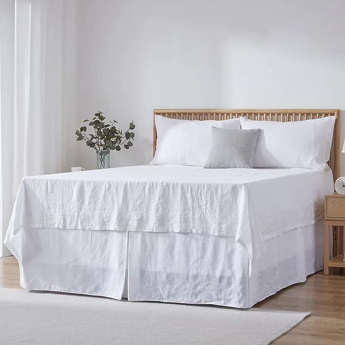 Traditional Simple amp Opulence Belgian Linen Bed Skirt with Classic 22 inch Tailored Drop Dust Ruffle Easy Fit Breathable Premium Natural Flax – Basic White King Smooth