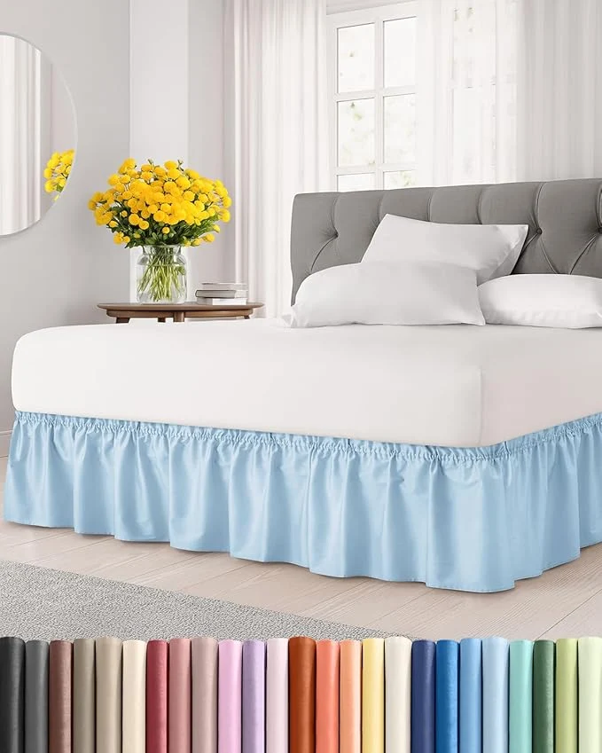 Professional Wrap Around Dust Ruffle Bed Skirt – Light Blue – for King Size Beds with 18 Inch Drop – Elastic Strap – Adjustable Pleated Bedskirt with Brushed Fabric and Wrinkle – for Women Men Kids amp Teens Durable