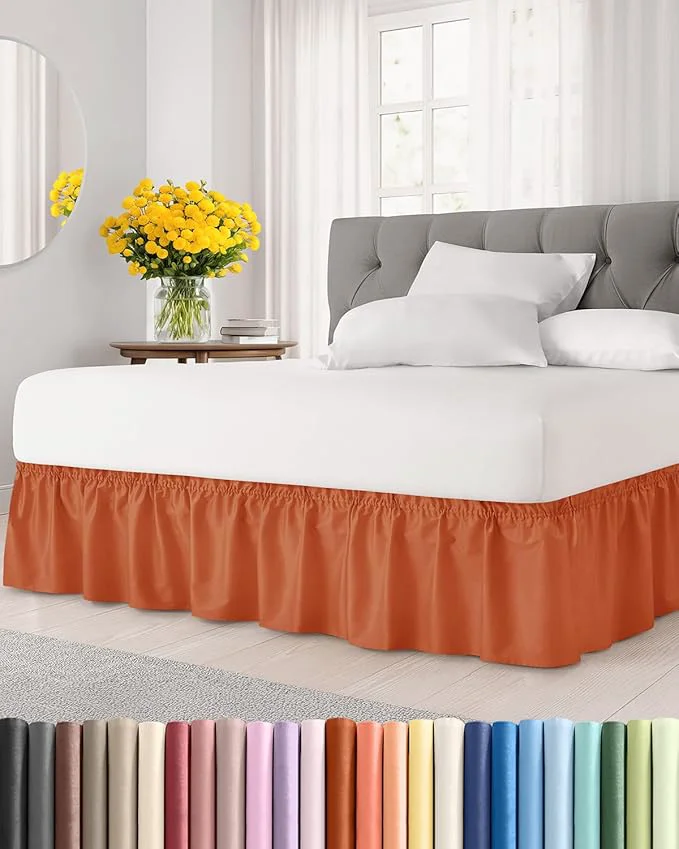 Functional Wrap Around Dust Ruffle Bed Skirt – Terracotta – for King Size Beds w 12 Inch Drop – Easy Fit Elastic Strap – Adjustable Pleated Bedskirt w Brushed Fabric – Wrinkle Women Men Kids amp Teens Stylish