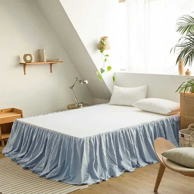 Artisan BISELINA French Linen Bed Skirt with Pleated Frills 14-Inch Tailored Drop Natural Flax Cotton Blend Dust Ruffle Soft Cozy Farmhouse Bedding 14 quot Full Ruffle Dusty Blue World-Class