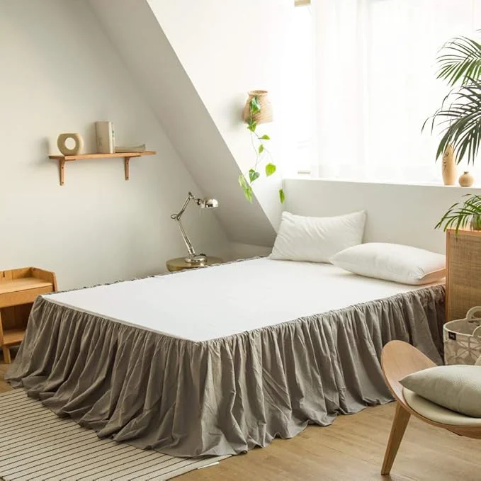 Dependable BISELINA French Linen Bed Skirt with Pleated Frills 18-Inch Tailored Drop Natural Flax Cotton Blend Dust Ruffle Soft Cozy Farmhouse Bedding 18 quot Queen Ruffle Grey Refined