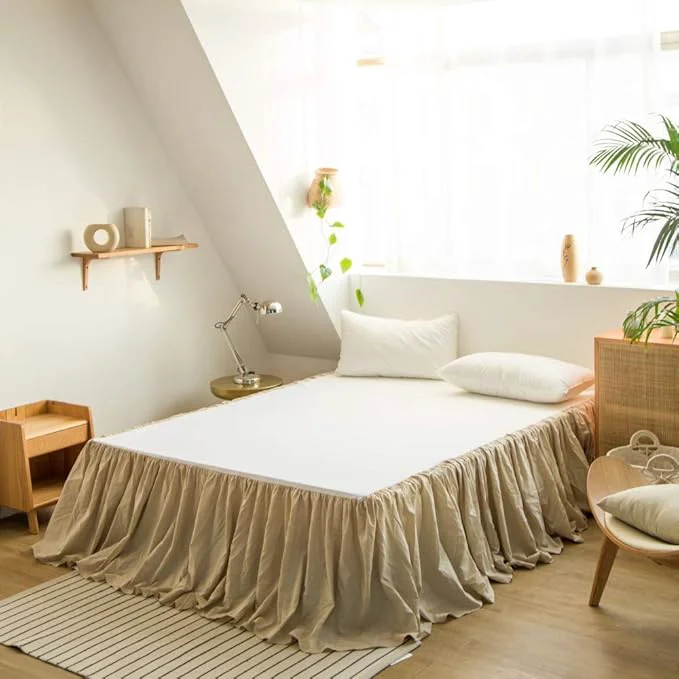 Prestigious BISELINA French Linen Bed Skirt with Pleated Frills 18-Inch Tailored Drop Natural Flax Cotton Blend Dust Ruffle Soft Cozy Farmhouse Bedding 18 quot Queen Ruffle Linen Superior
