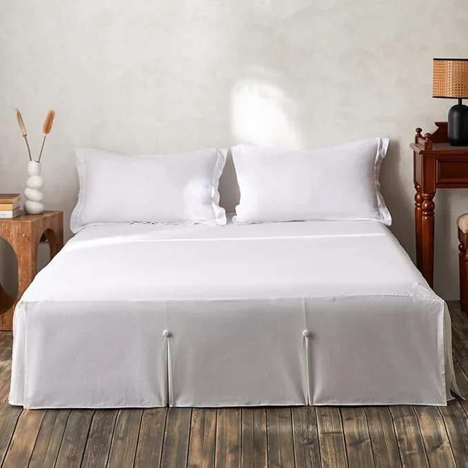Safe BISELINA French Linen Bed Skirt Split Corner with Button 14-Inch Tailored Drop Natural Flax Cotton Blend Basic Dust Ruffle Soft Cozy 14 quot Queen Button White Genuine