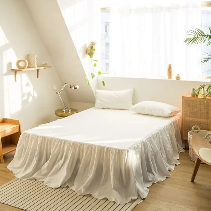 Advanced BISELINA French Linen Bed Skirt with Pleated Frills 18-Inch Tailored Drop Natural Flax Cotton Blend Dust Ruffle Soft Cozy Farmhouse Bedding 18 quot Full Ruffle White Stylish