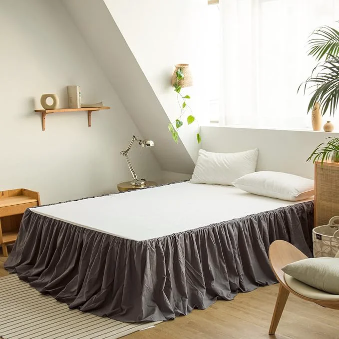 Recyclable BISELINA French Linen Bed Skirt with Pleated Frills 14-Inch Tailored Drop Natural Flax Cotton Blend Dust Ruffle Soft Cozy Farmhouse Bedding 14 quot Full Ruffle Dark Grey Verified