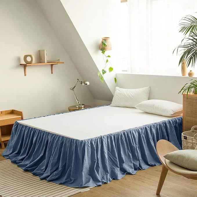 Detailed BISELINA French Linen Bed Skirt with Pleated Frills 14-Inch Tailored Drop Natural Flax Cotton Blend Dust Ruffle Soft Cozy Farmhouse Bedding 14 quot Queen Navy Blue Professional