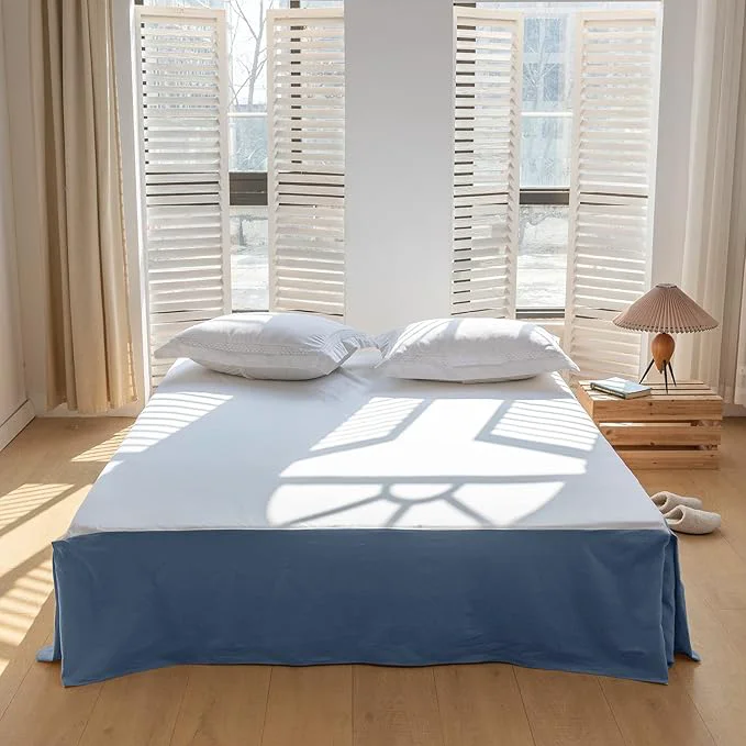 Official BISELINA French Linen Bed Skirt with Pleated Corner 14-Inch Tailored Drop Natural Flax Cotton Blend Basic Dust Ruffle Soft Cozy Farmhouse Bedding 14 quot King Basic Navy Blue Solid