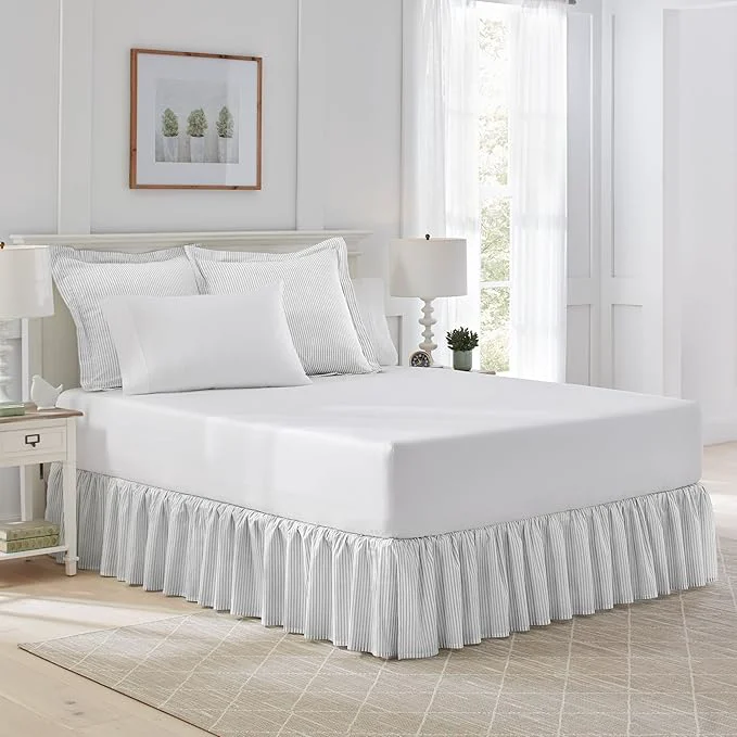Sophisticated Laura Ashley Home – Cotton Ruffled Bedskirt Lightweight amp Classic Style Ticking Stripe Grey Queen First-Class