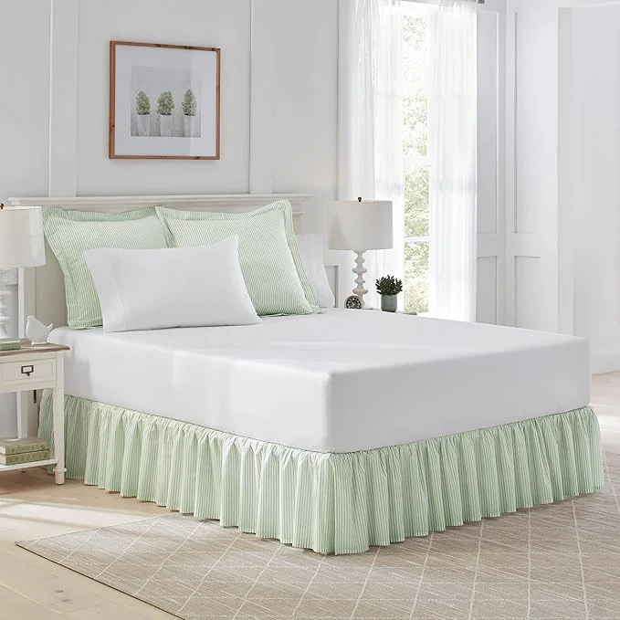 Elegant Laura Ashley Home – Cotton Ruffled Bedskirt Lightweight amp Classic Style Ticking Stripe Green Full Sustainable