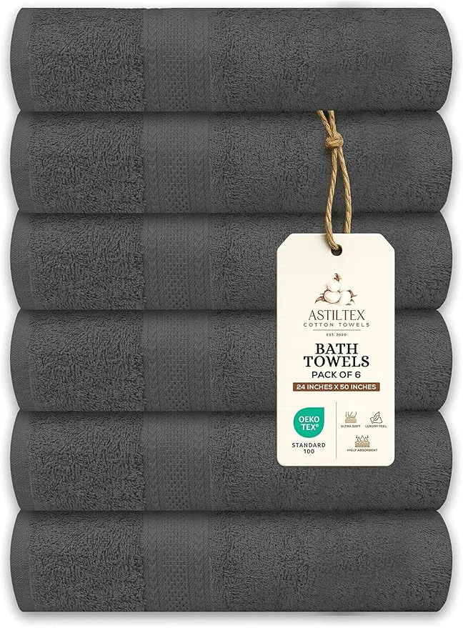 Pure Large Bath Towels Pack of 6 – 24 x 50 Cotton Terry – Soft Quick-Dry Exclusive