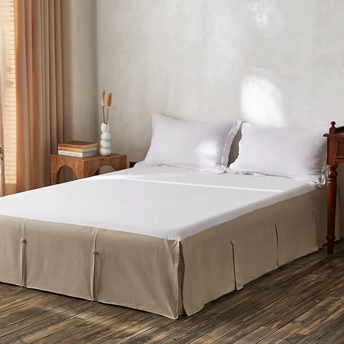 Original BISELINA French Linen Bed Skirt Split Corner with Button 14-Inch Tailored Drop Natural Flax Cotton Blend Basic Dust Ruffle Soft Cozy 14 quot Queen Button Linen Durable