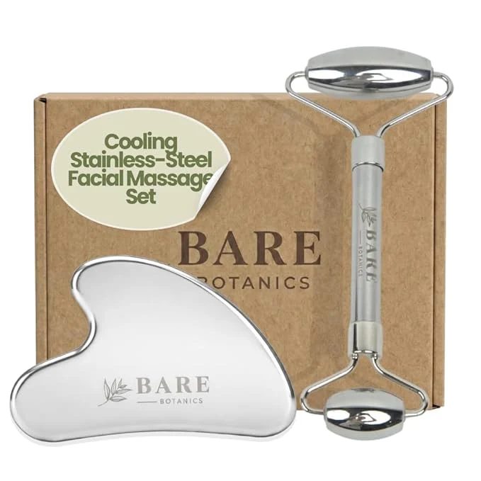 Exclusive Bare Botanics Stainless Steel Gua Sha Face Roller Set Dual Facial Tools Organic