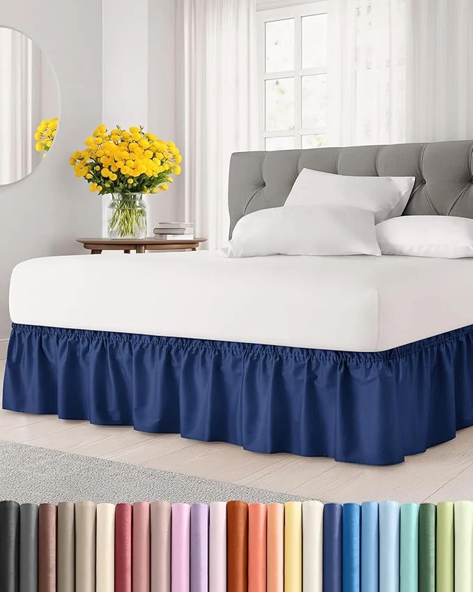 Trendy Wrap Around Dust Ruffle Bed Skirt – Navy Blue – Twin Twin XL Size Beds with 15 Inch Drop – Elastic Strap – Adjustable Pleated Bedskirt with Brushed Fabric and Wrinkle – Women Men Kids amp Teens Recyclable