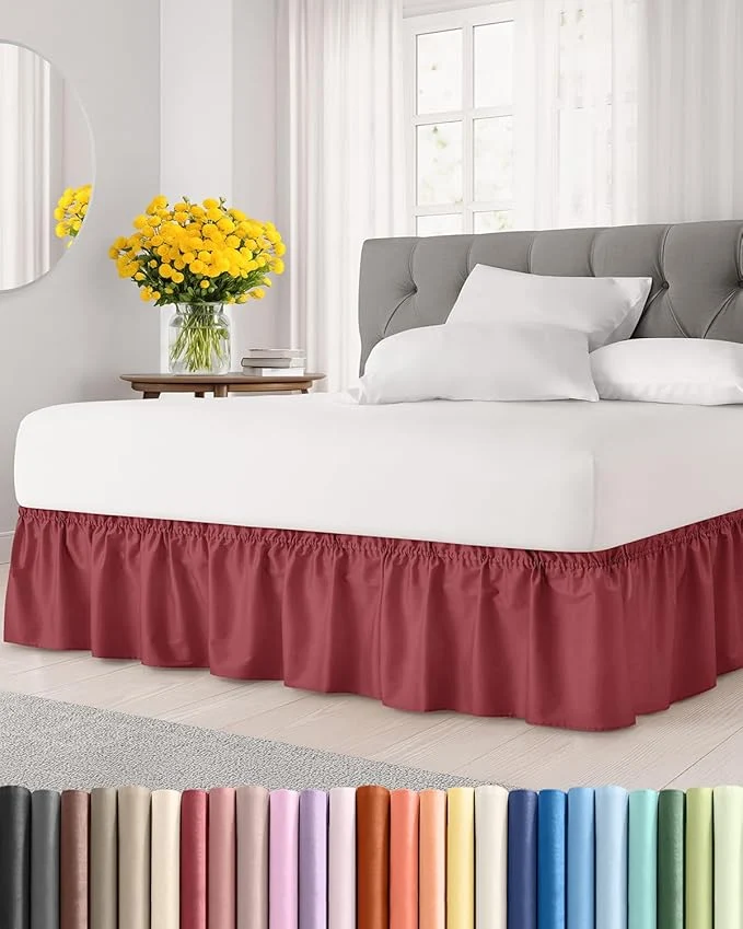 Proven Wrap Around Dust Ruffle Bed Skirt – Burgundy – for Queen Size Beds with 12 Inch Drop – Elastic Strap – Adjustable Pleated Bedskirt with Brushed Fabric and Wrinkle – for Women Men Kids amp Teens Responsible