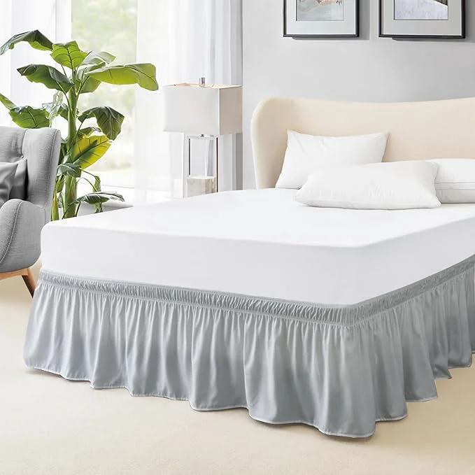 Contemporary FreshCulture Elastic Wrap Around Bed Skirt – Queen Size Hotel Quality Dust Ruffle with 15-Inch Tailored Drop Light Grey Solid