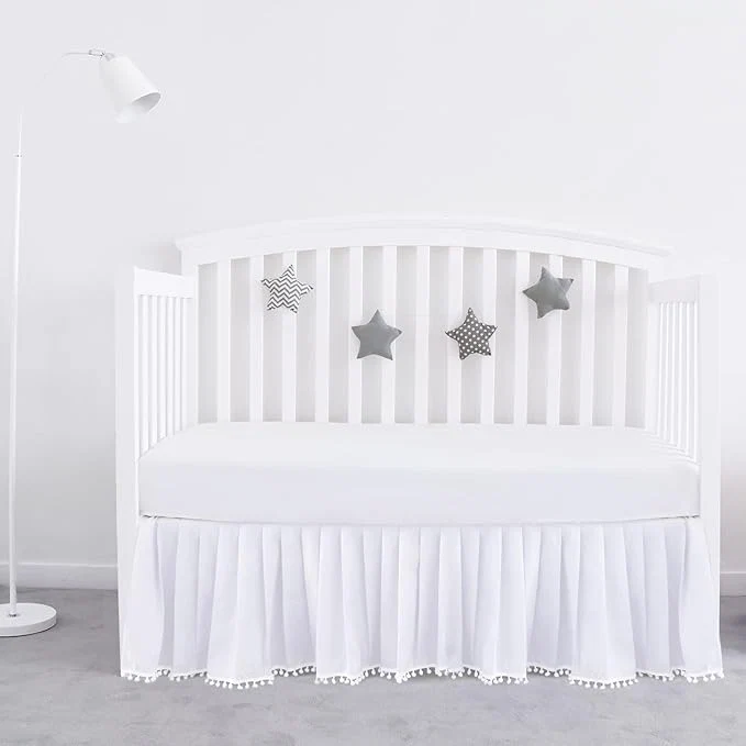 Next-Generation Crib Bed Skirt White for Girls Boys Pleated with Tassel Pompoms Dust Ruffled 14 quot Drop Fit All Standard Crib Toddler Bed Skin-Friendly amp Soft Machine Washable Nursery Bedding Skirts First-Class