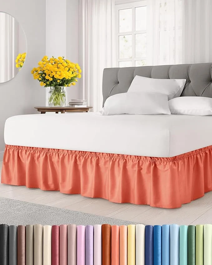 Lightweight Wrap Around Dust Ruffle Bed Skirt – Coral – for King Size Beds with 18 Inch Drop – Easy Fit Elastic Strap – Adjustable Pleated Bedskirt w Brushed Fabric – Wrinkle – for Women Men Kids amp Teens Minimalist