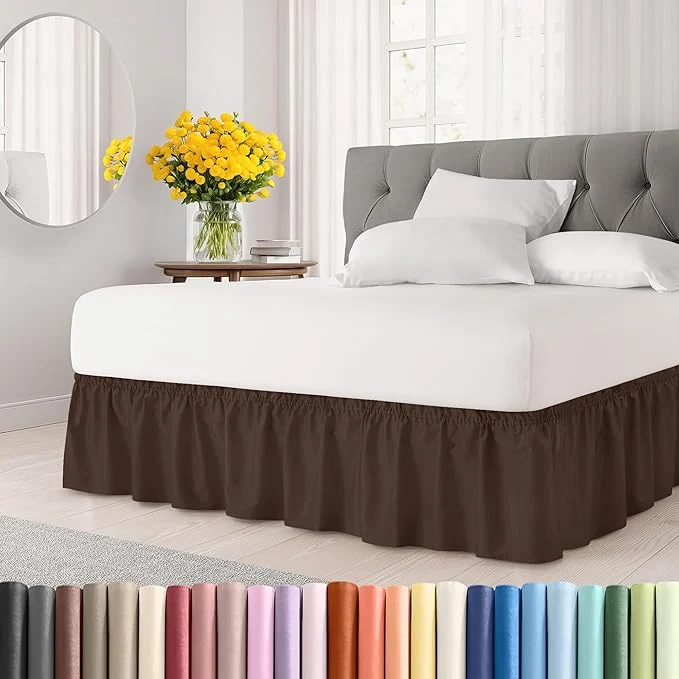 Solid Wrap Around Dust Ruffle Bed Skirt – Brown – for King Size Beds with 15 Inch Drop – Easy Fit Elastic Strap – Adjustable Pleated Bedskirt w Brushed Fabric – Wrinkle – for Women Men Kids amp Teens Secure
