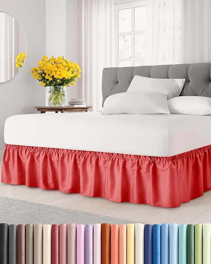 First-Class Wrap Around Dust Ruffle Bed Skirt – Red – for Queen Size Beds with 12 Inch Drop – Easy Fit Elastic Strap – Adjustable Pleated Bedskirt w Brushed Fabric – Wrinkle – for Women Men Kids amp Teens Luxury