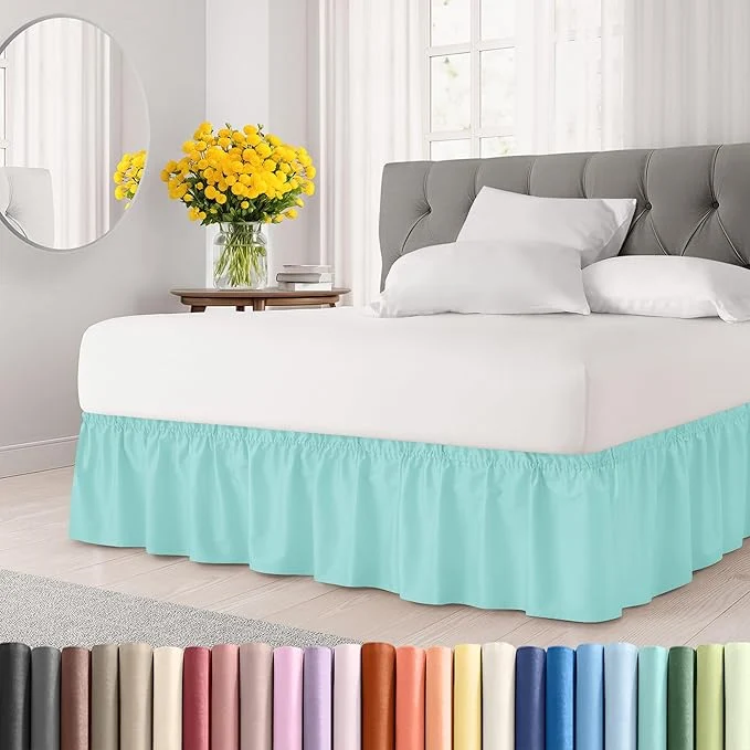 First-Class Wrap Around Dust Ruffle Bed Skirt – Spa Blue – for Queen Size Beds with 21 Inch Drop – Elastic Strap – Adjustable Pleated Bedskirt with Brushed Fabric and Wrinkle – for Women Men Kids amp Teens Reusable