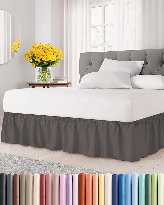 Clean Wrap Around Dust Ruffle Bed Skirt – Dark Grey – for King Size Beds with 18 Inch Drop – Elastic Strap – Adjustable Pleated Bedskirt with Brushed Fabric and Wrinkle – for Women Men Kids amp Teens Elegant