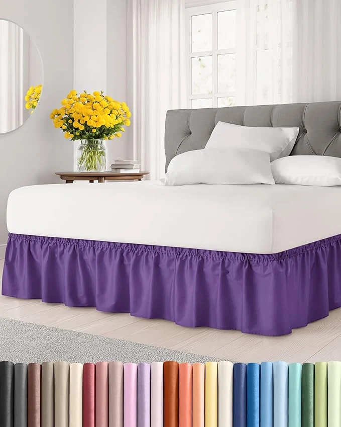 Classic Wrap Around Dust Ruffle Bed Skirt – Purple – for King Size Beds with 15 Inch Drop – Easy Fit Elastic Strap – Adjustable Pleated Bedskirt w Brushed Fabric – Wrinkle – for Women Men Kids amp Teens Flexible