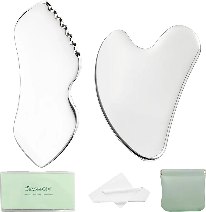 Convenient LeMeeOly 2Pcs Gua Sha Facial Tools Stainless Steel Detailer GuaSha Set Safe