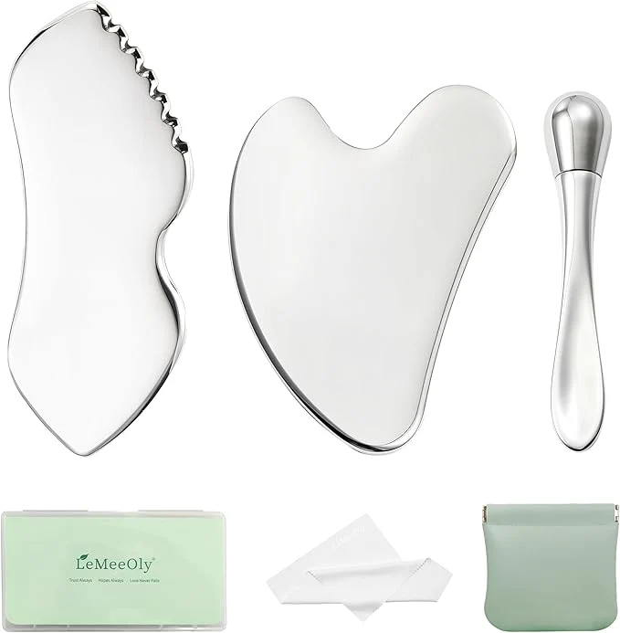 Dependable LeMeeOly 3pcs Stainless Steel Gua Sha Facial Tools Eye Cream Applicator Metal Green