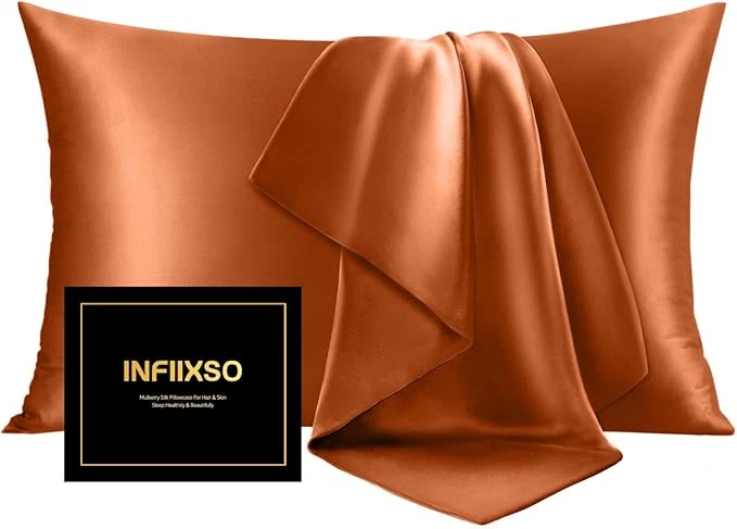 Genuine INFIIXSO Mulberry Silk Pillowcase for Hair and Skin Silk Pillow Cases Queen Size Set of 2 with Hidden Zipper 20×30 Inches Ultra Smooth and Soft Cooling Pillow Cases for Hot Sleepers Orange 2 Pack Long-Lasting