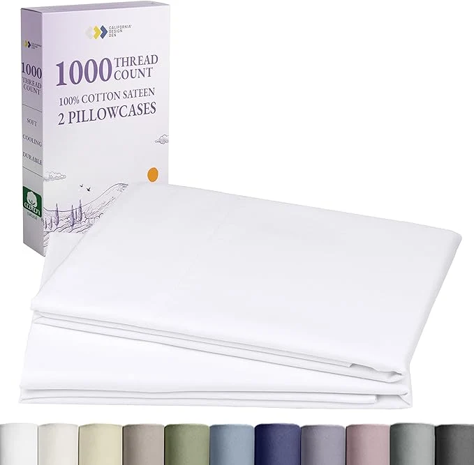 Crafted California Design Den Pillow Cases Standard Size Set of 2-1000 Thread Count Sateen Soft and Thick Cotton Pillowcases Queen Standard Durable – White Natural