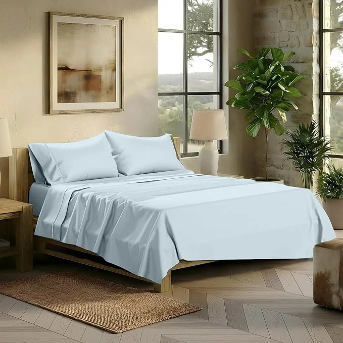 Stylish TEXAS LINEN CO. Egyptian Cotton Sheets King Size – 2000 Series Luxury King Bed Sheet Set Silky Soft Cooling Sateen Weave 17 Extra Deep Pocket Hotel Collection Sheets 4 Pc Light Blue Solid