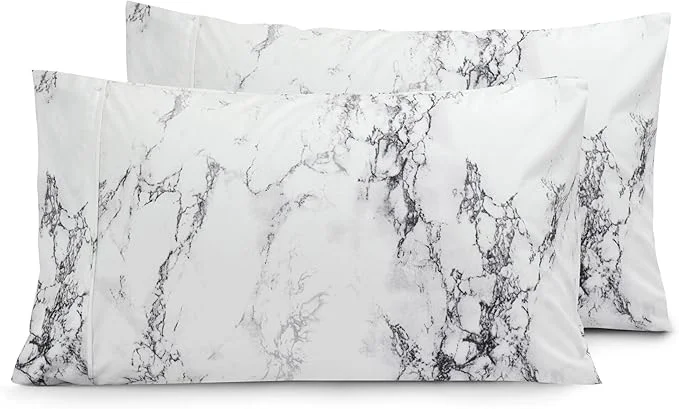 Fine Crafted Elegant Comfort Luxury Ultra-Soft 2-Piece Pillowcase Set – 1500 Premium Hotel Quality Microfiber Double Brushed – Wrinkle Resistant Standard Queen Marble Pattern White Pure