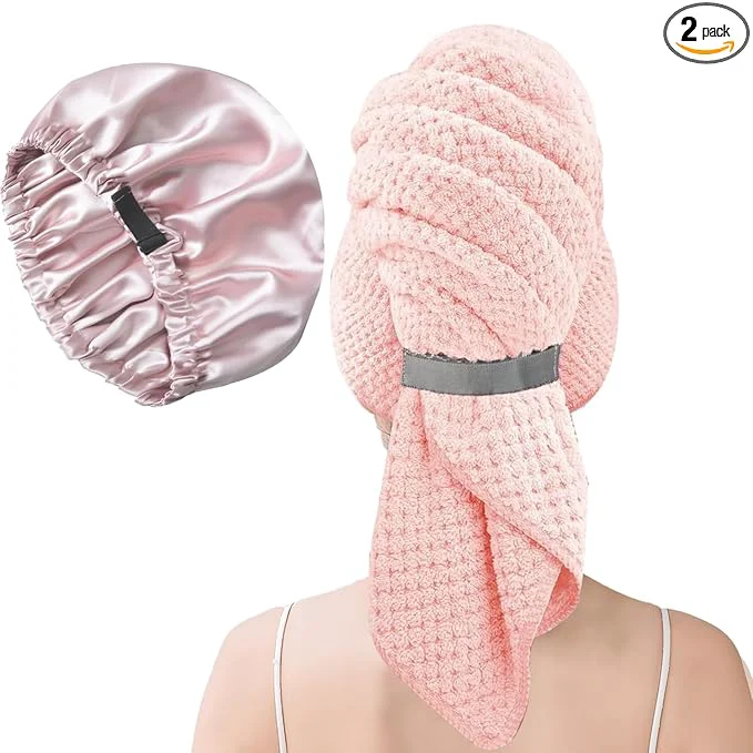 Authentic Large Microfiber Hair Towel Wrap Satin Bonnet Set World-Class