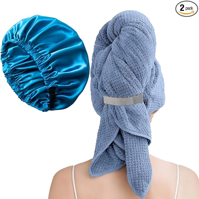 Natural Large Microfiber Hair Towel Wrap Satin Bonnet Set Fast