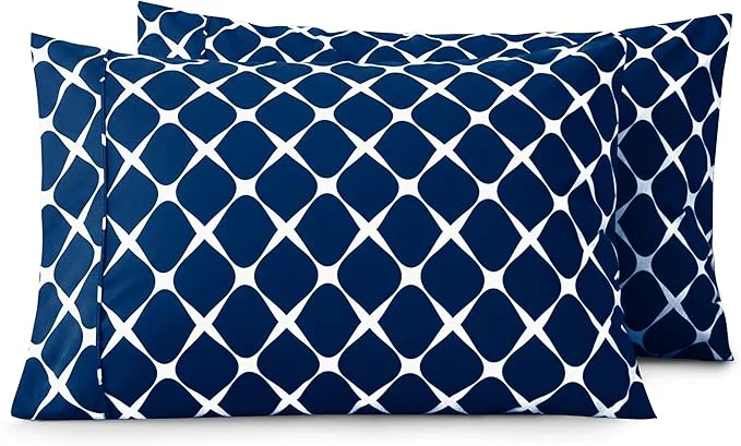 First-Class Elegant Comfort Luxury Ultra-Soft 2-Piece Pillowcase Set – 1500 Premium Hotel Quality Microfiber Double Brushed – Wrinkle Resistant King Size Bloomingdale Pattern Navy Blue Environmentally Friendly