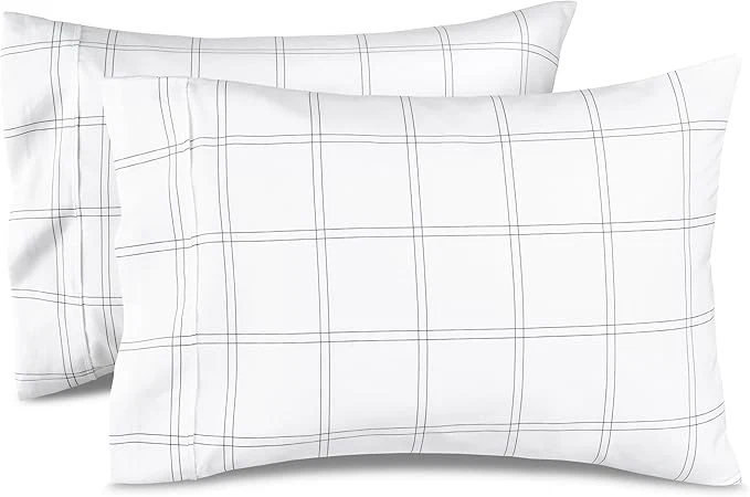 Fine Crafted Bare Home Microfiber Pillow Cases – Standard Queen Size Set of 2 – Cooling Pillowcases – Double Brushed – Pillowcases 2 Pack – Easy Care Standard Modern Plaid – White Grey Secure