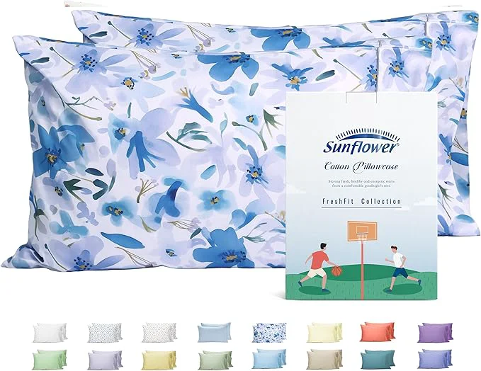Contemporary sunflower King Pillowcases Set of 2 Cotton King Size Pillow Cases 2 20×40 inches Blue Bloom Soft and Breathable High-Quality