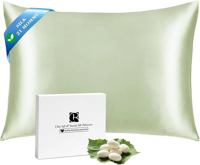 Enhanced Ravmix Silk Pillow Cases with Zipper 21momme Mulberry Silk Pillowcase for Hair Skin Health Soft Smooth Breathable Cool Pillow Cover for Beauty Sleep with Gift Box 1PC King 20 quot x36 quot Bean Green Lightweight