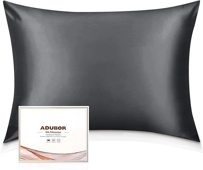 Certified Adubor Mulberry Silk Pillowcase 2 Pack Pillow Cases for Hair and Skin with Hidden Zipper Both Side 23 Momme Silk 900 Thread Count 20×26 inches Standard Size Space Grey Proven