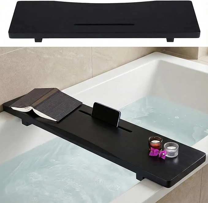 Flexible Stylish Black Bamboo Bathtub Tray Caddy Official