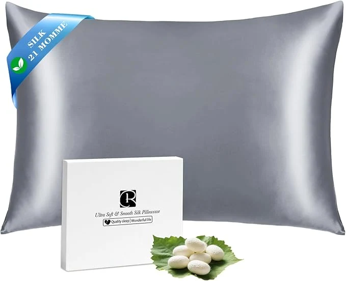 Fine Ravmix Silk Pillow Cases with Zipper 21momme Mulberry Silk Pillowcase for Hair Skin Health Soft Smooth Breathable Cool Pillow Cover for Beauty Sleep with Gift Box 1PC Standard 20 quot x26 quot Lilac Grey Natural
