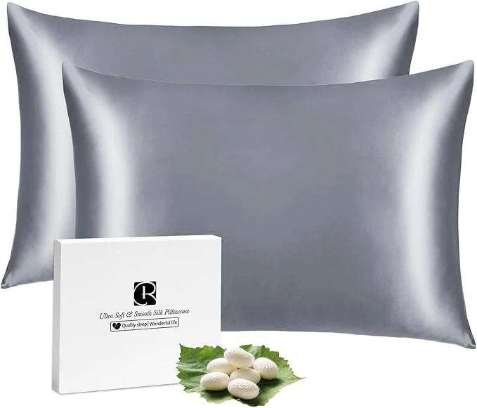 Reusable Ravmix Silk Pillowcases 2 Pack for Hair and Skin with Hidden Zipper Both Sides 21Momme Mulberry Silk Pillow Cases Set of 2 Queen Size 20×30inches Lilac Grey Efficient