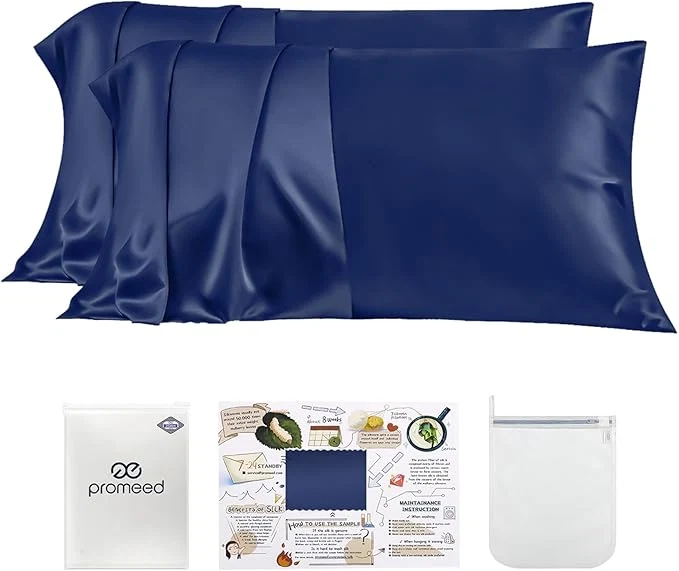 Solid PROMEED 23 Momme Silk Pillowcase 2 Pack with Zipper 3rd Gen Grade 6A Mulberry Silk Pillow Case Set of 2 Cooling Pillow Cases for Hot Sleepers Standard 20 quot x26 quot Navy Professional